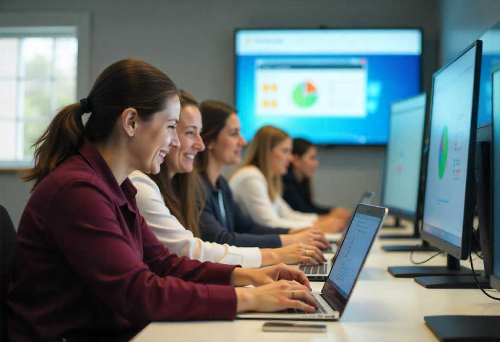 School staff discussing data insights on laptop – illustrating data-driven decision making in digital school administration