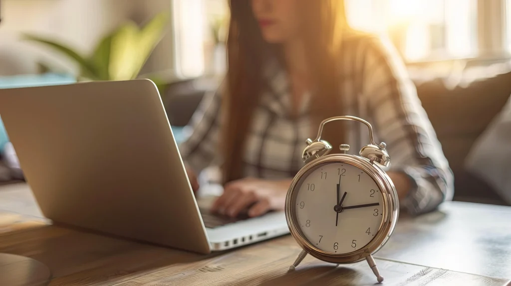 A woman working on a laptop with an alarm clock on the table